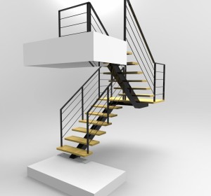 Rendu Escalier Pour un particulier Tolerie Générale 95250 Beauchamp conception de notre bureau d'etude en 3D réalisation en atelier tube acier et mache en bois Ile de France Paris